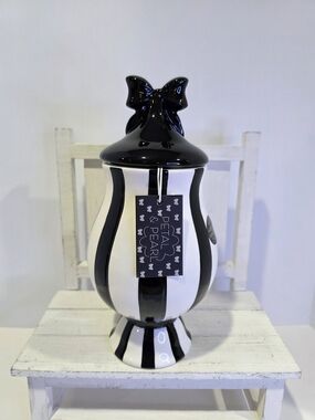 Petal & Pearl Hand Painted Black & White Striped Ceramic Jar with Bow Lid.